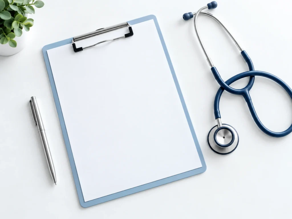 Medical form, pen and stethoscope on a white desk