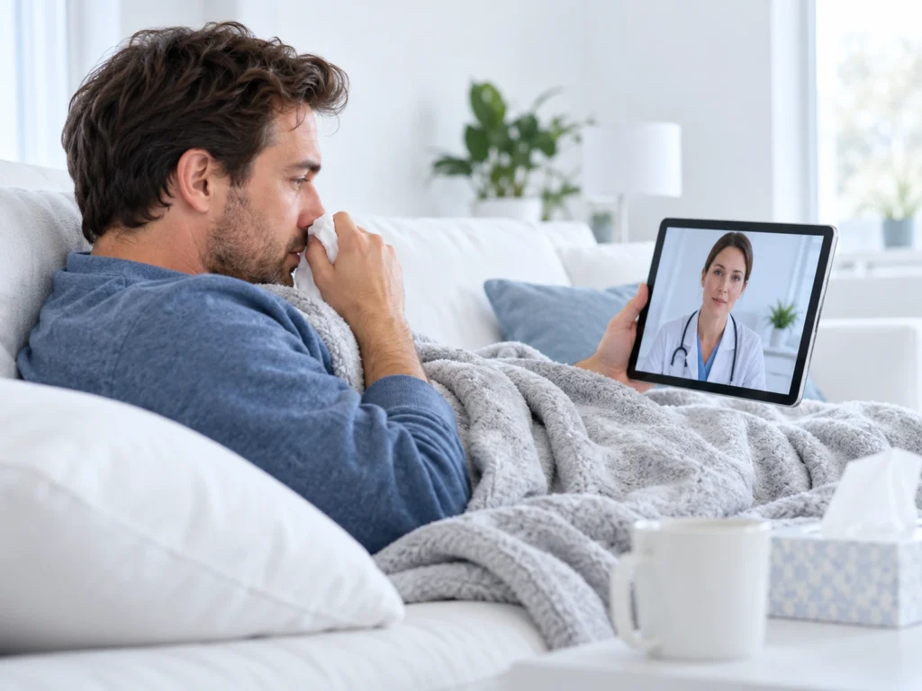 Patient resting at home during a video consultation for a sick note