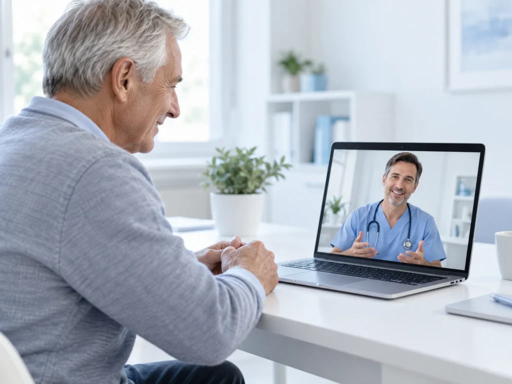 Patient on a video consultation with an English-speaking doctor