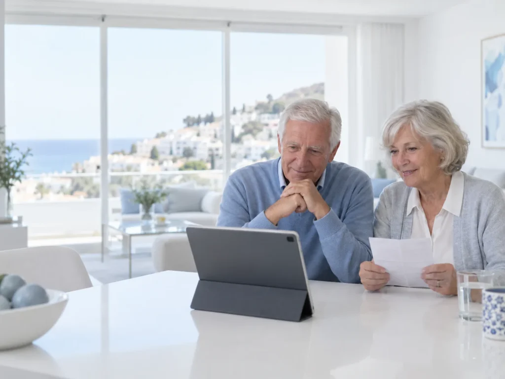Retired couple in Benalmádena on a video consultation with a doctor on a tablet