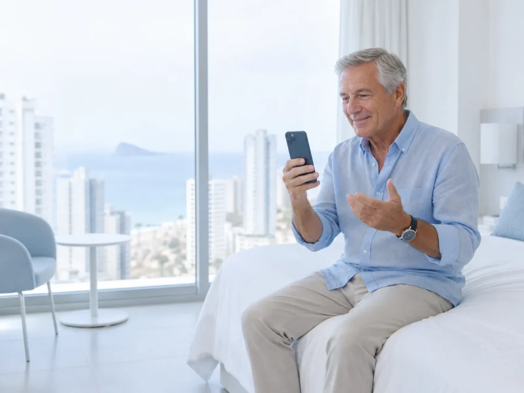 Visitor in a Benidorm hotel room on a video call with an English-speaking doctor