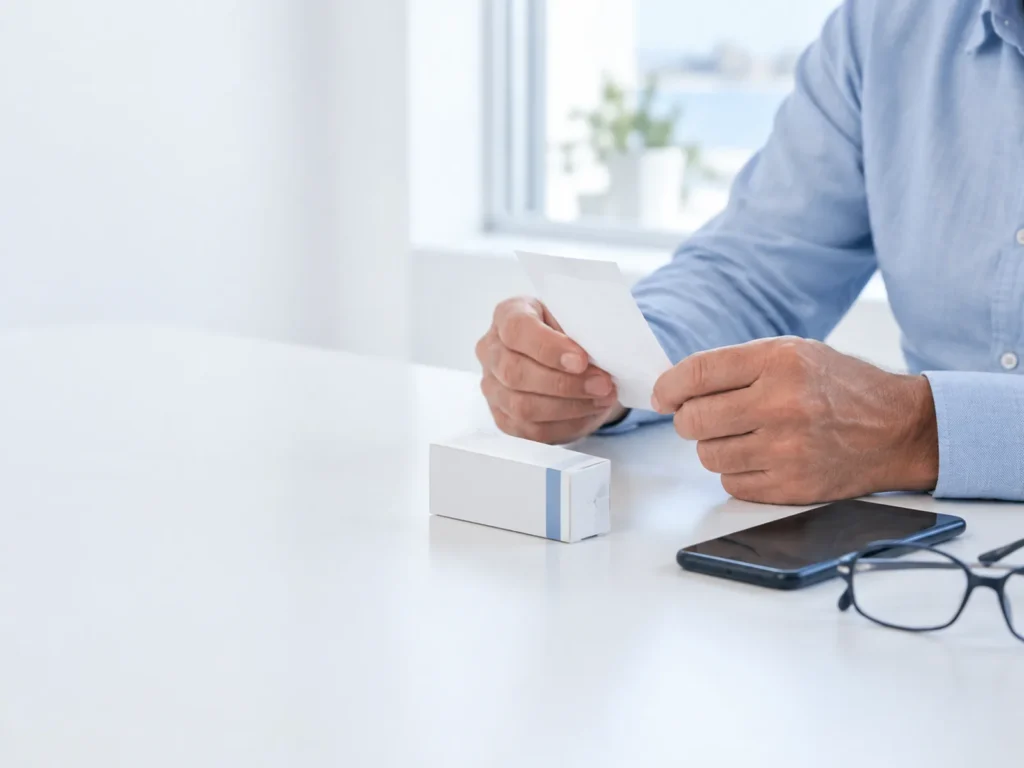 Visitor checking a pharmacy receipt and medicine after an online consultation