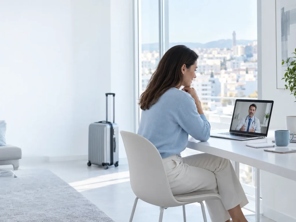 Woman in a Málaga apartment speaking to an English-speaking doctor on a laptop