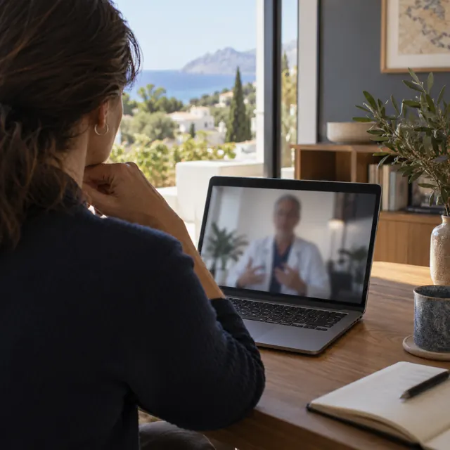 A patient speaking to a clinician online from home